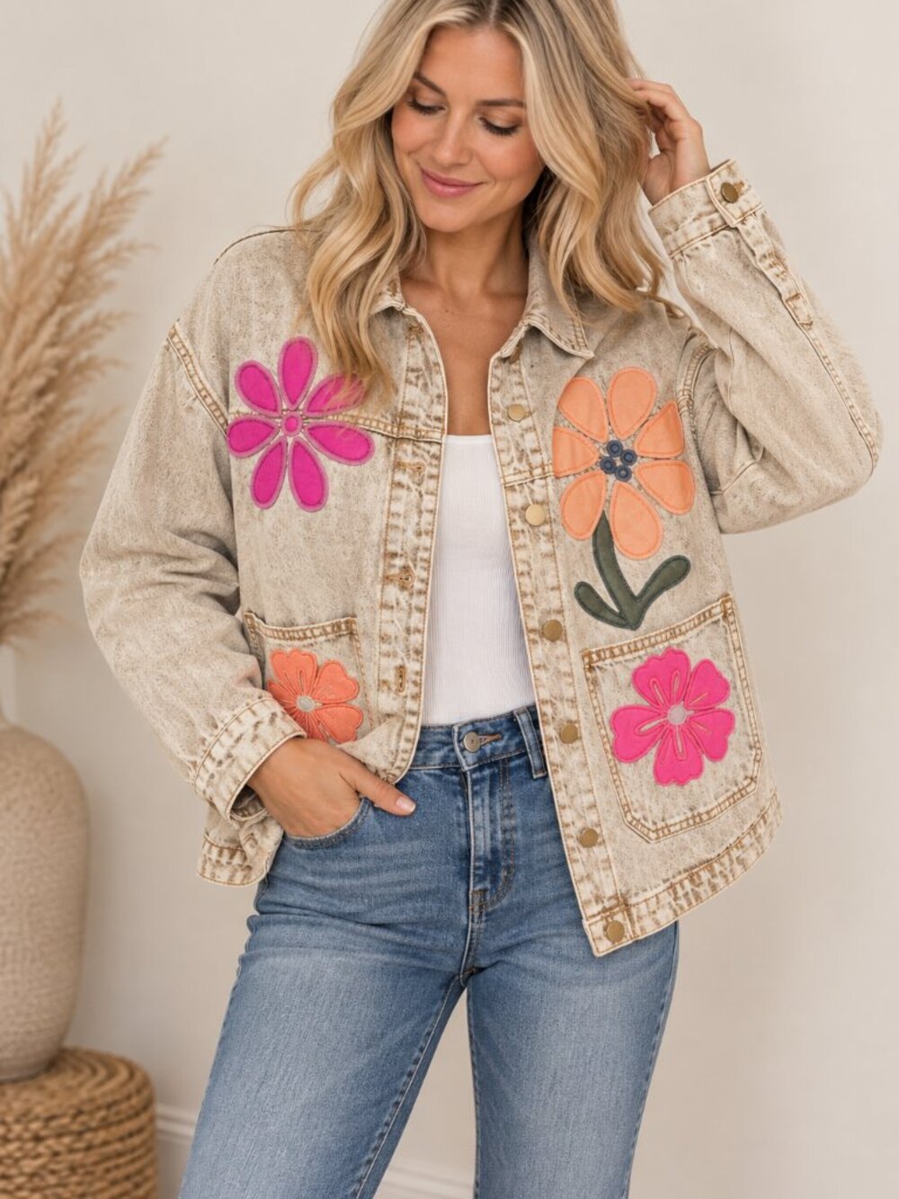 Women’s Floral Appliqué Denim Jacket - Pink & Orange